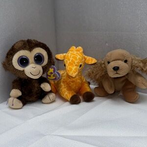 TY Plush Toy Set - “Coconut” monkey, “Twigs” giraffe, “Spunky” Cocker spaniel
